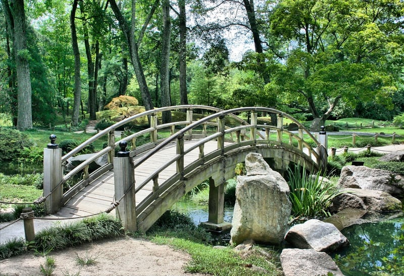 Whimsical bridge in a Japanese garden
